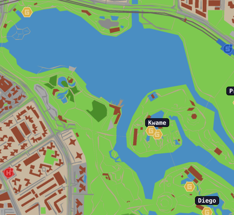 The overview map of Singapore: Health Centres, Shops and player-held Gyms around a lake