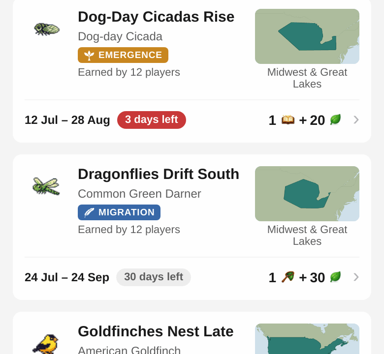 Seasons: cicadas emerging and dragonflies migrating, the events live for a player in Colorado