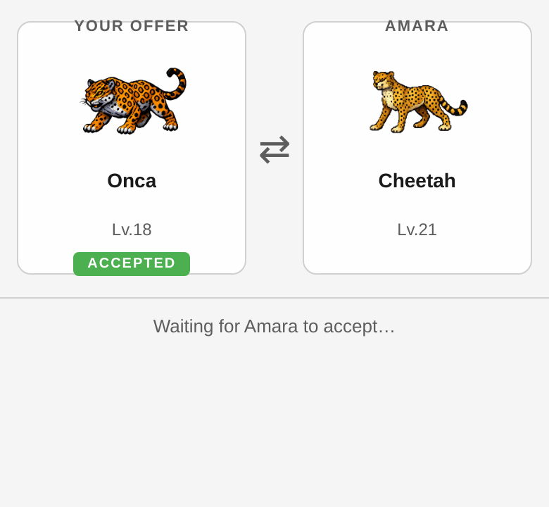 A trade in progress: a Jaguar offered for a Cheetah, one side accepted