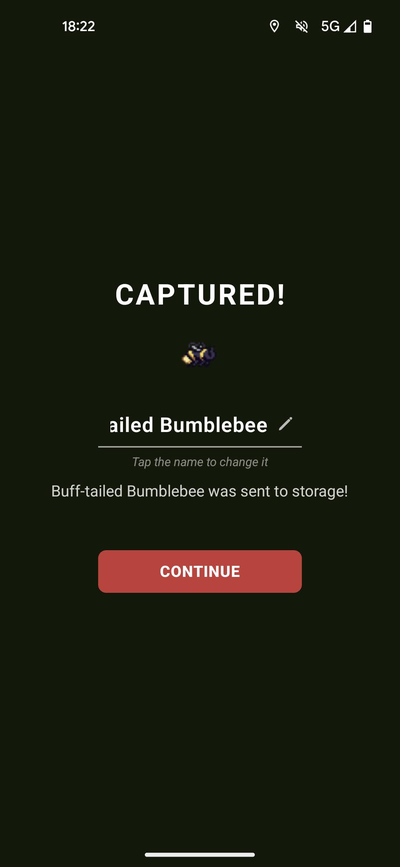 The Captured! screen after a successful Net throw